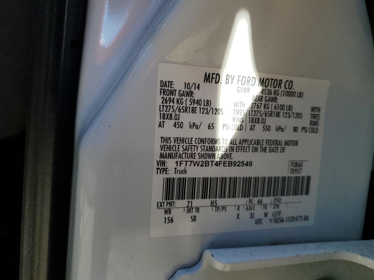 2015 Ford F250 Super Duty VIN: 1FT7W2BT4FEB92549 Lot: 90522055