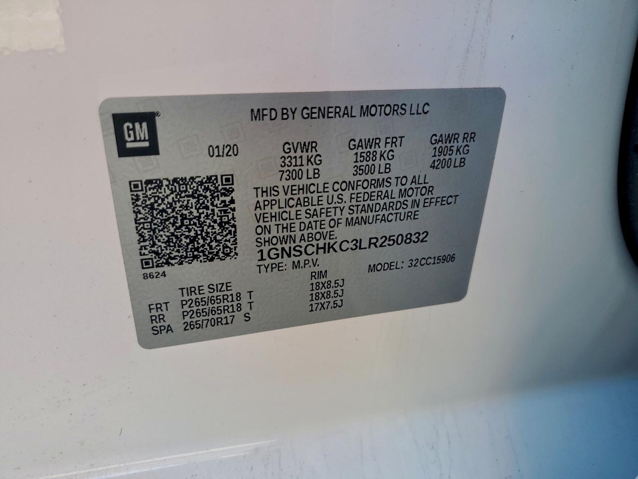 2020 Chevrolet Suburban C1500 Lt VIN: 1GNSCHKC3LR250832 Lot: 94160675