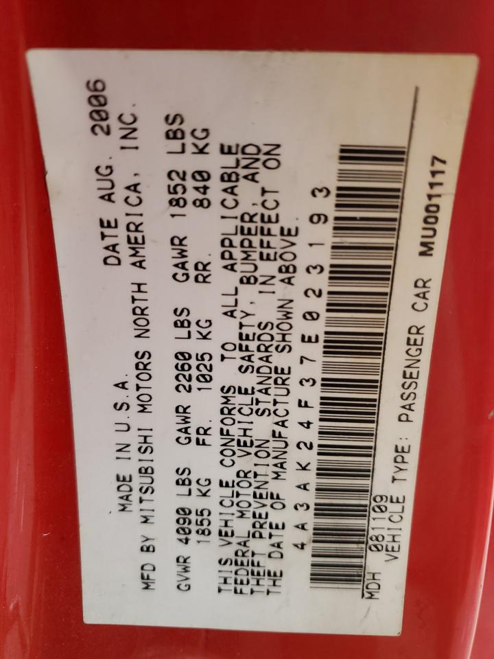 2007 Mitsubishi Eclipse Gs VIN: 4A3AK24F37E023193 Lot: 93351785