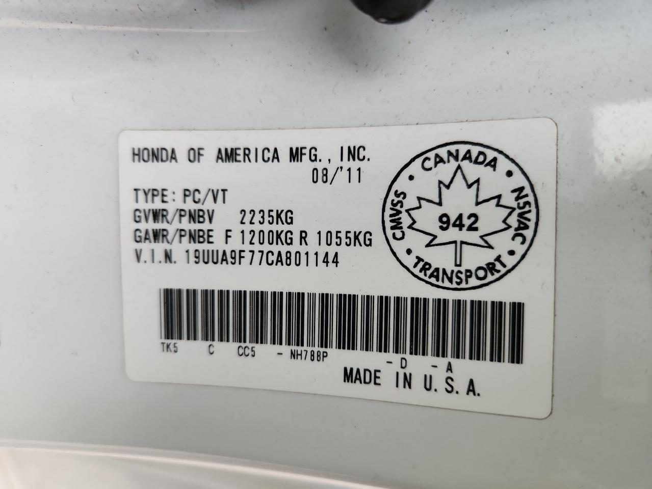 2012 Acura Tl VIN: 19UUA9F77CA801144 Lot: 91475695