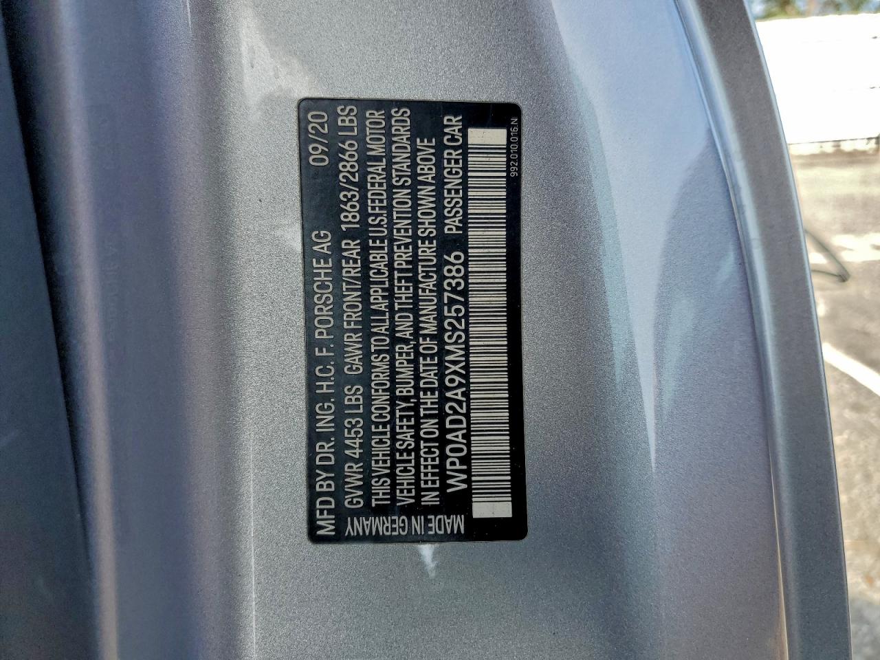 2021 Porsche 911 Turbo VIN: WP0AD2A9XMS257386 Lot: 93013745