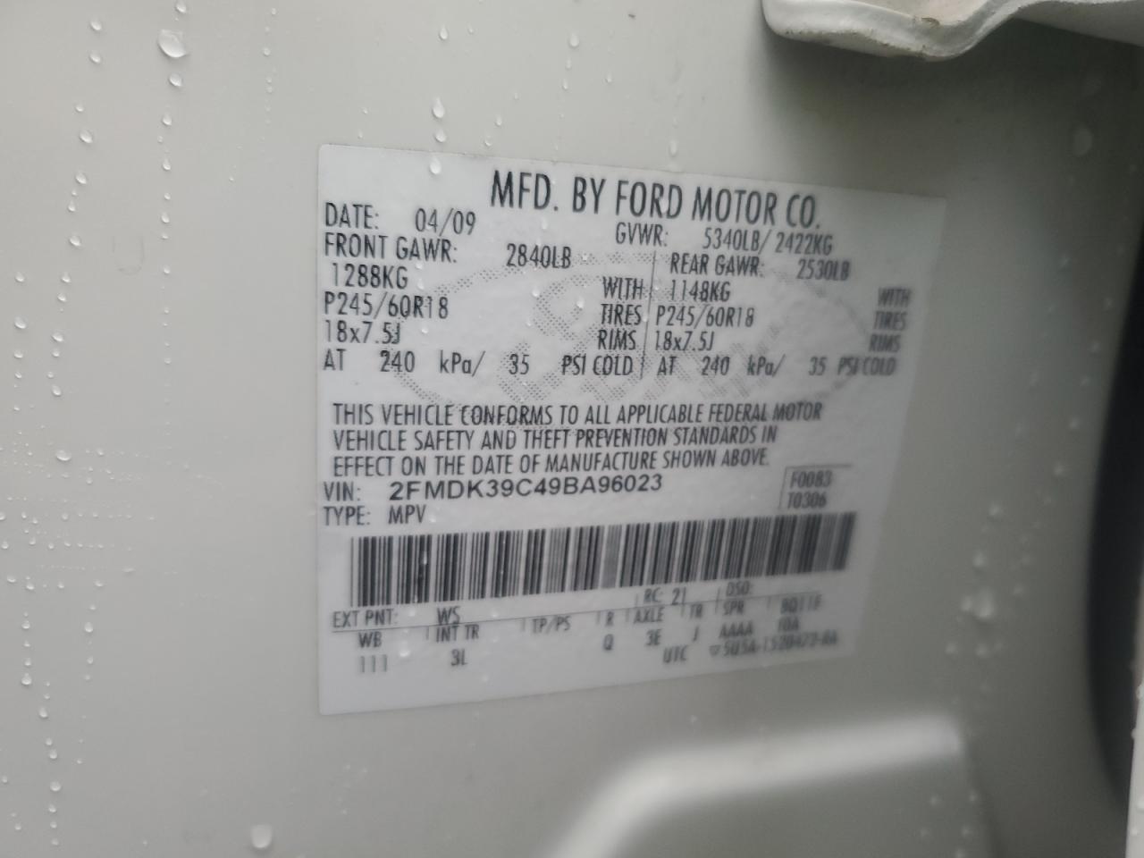 2009 Ford Edge Limited VIN: 2FMDK39C49BA96023 Lot: 91631625