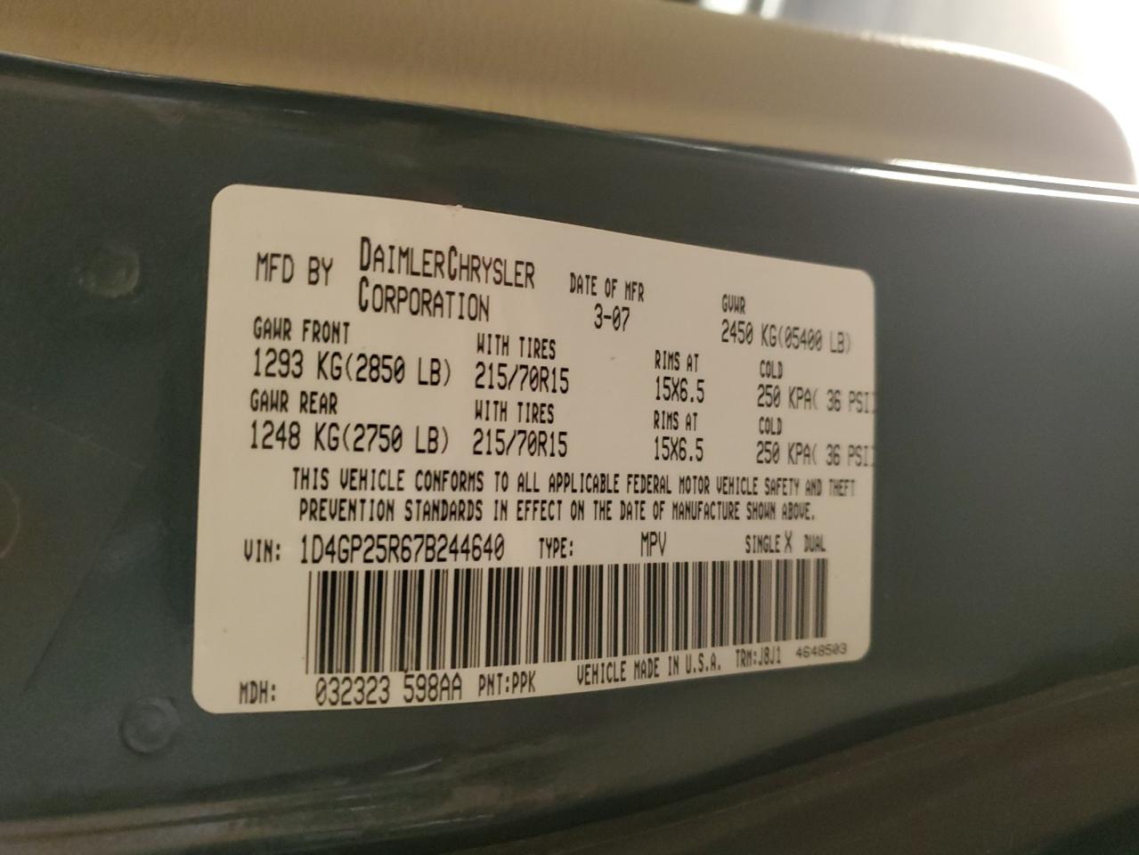 2007 Dodge Caravan Se VIN: 1D4GP25R67B244640 Lot: 92394145