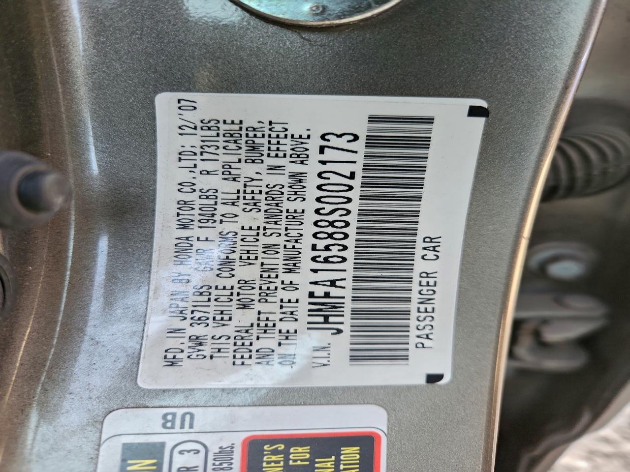 2008 Honda Civic Lx VIN: JHMFA16588S002173 Lot: 93699395