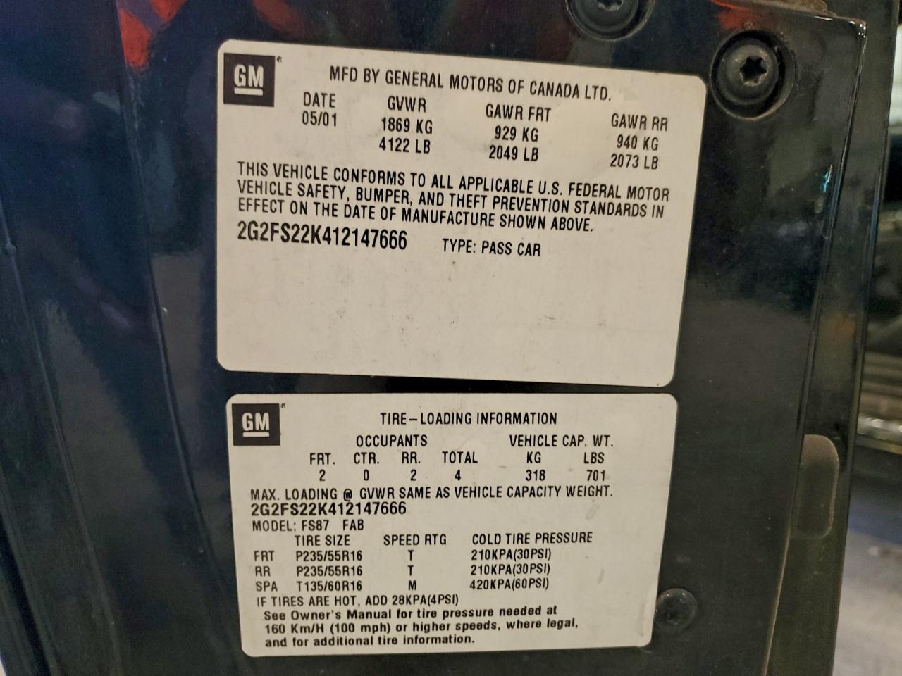 2001 Pontiac Firebird VIN: 2G2FS22K412147666 Lot: 93261655