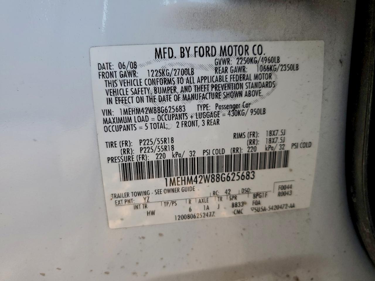 2008 Mercury Sable Premier VIN: 1MEHM42W88G625683 Lot: 94472565