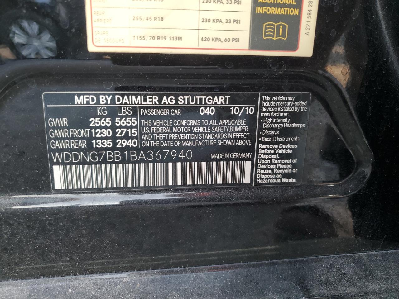 2011 Mercedes-Benz S 550 VIN: WDDNG7BB1BA367940 Lot: 93895385