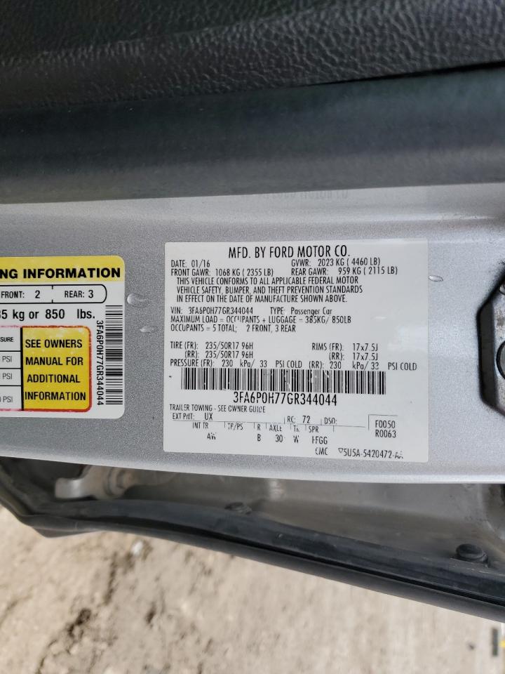 2016 Ford Fusion Se VIN: 3FA6P0H77GR344044 Lot: 91910215