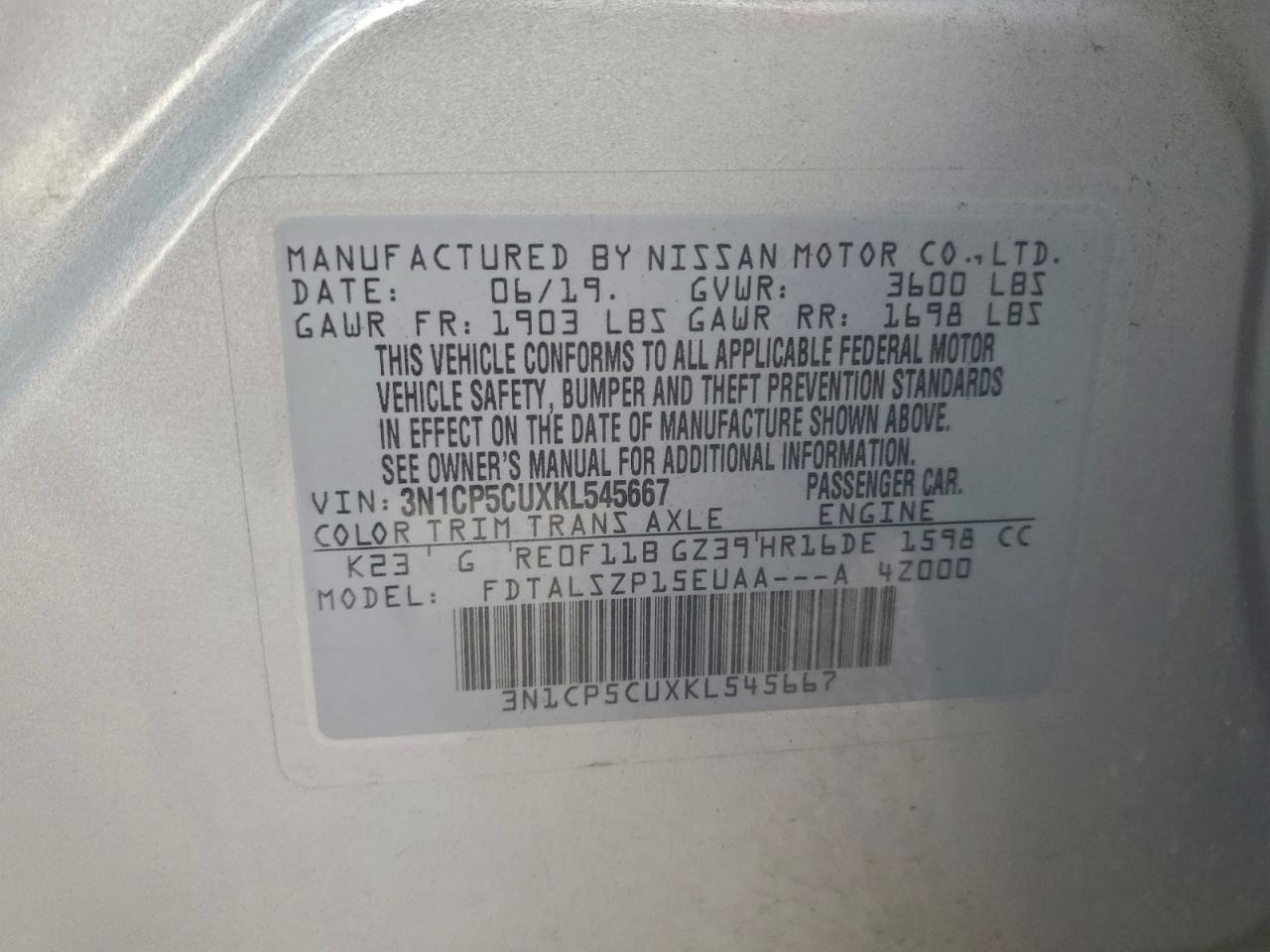 2019 Nissan Kicks S VIN: 3N1CP5CUXKL545667 Lot: 94075535