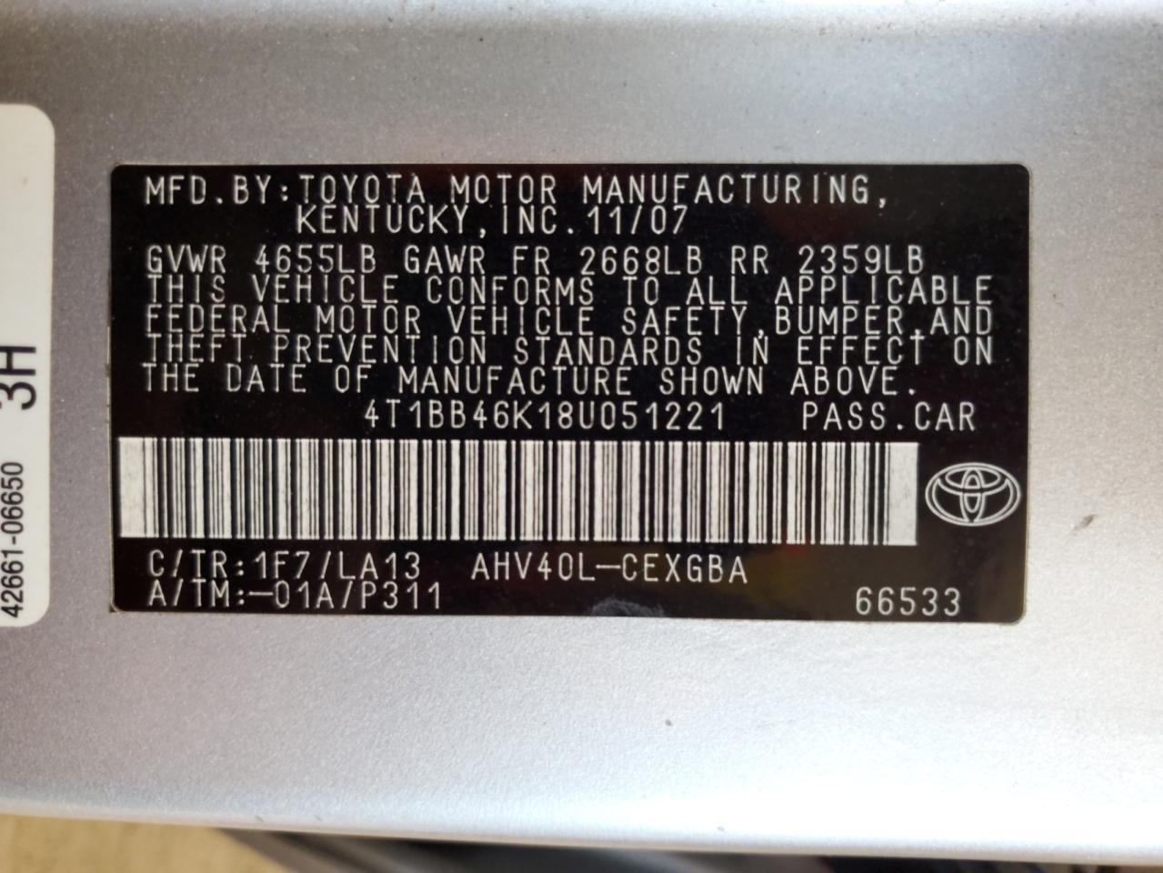 2008 Toyota Camry Hybrid VIN: 4T1BB46K18U051221 Lot: 93026045