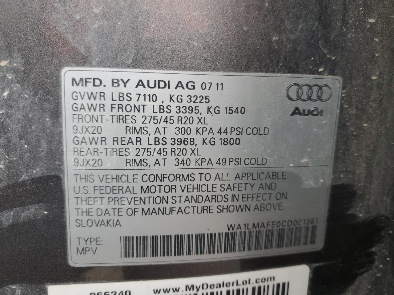 2012 Audi Q7 Premium Plus VIN: WA1LMAFE0CD001361 Lot: 90656485