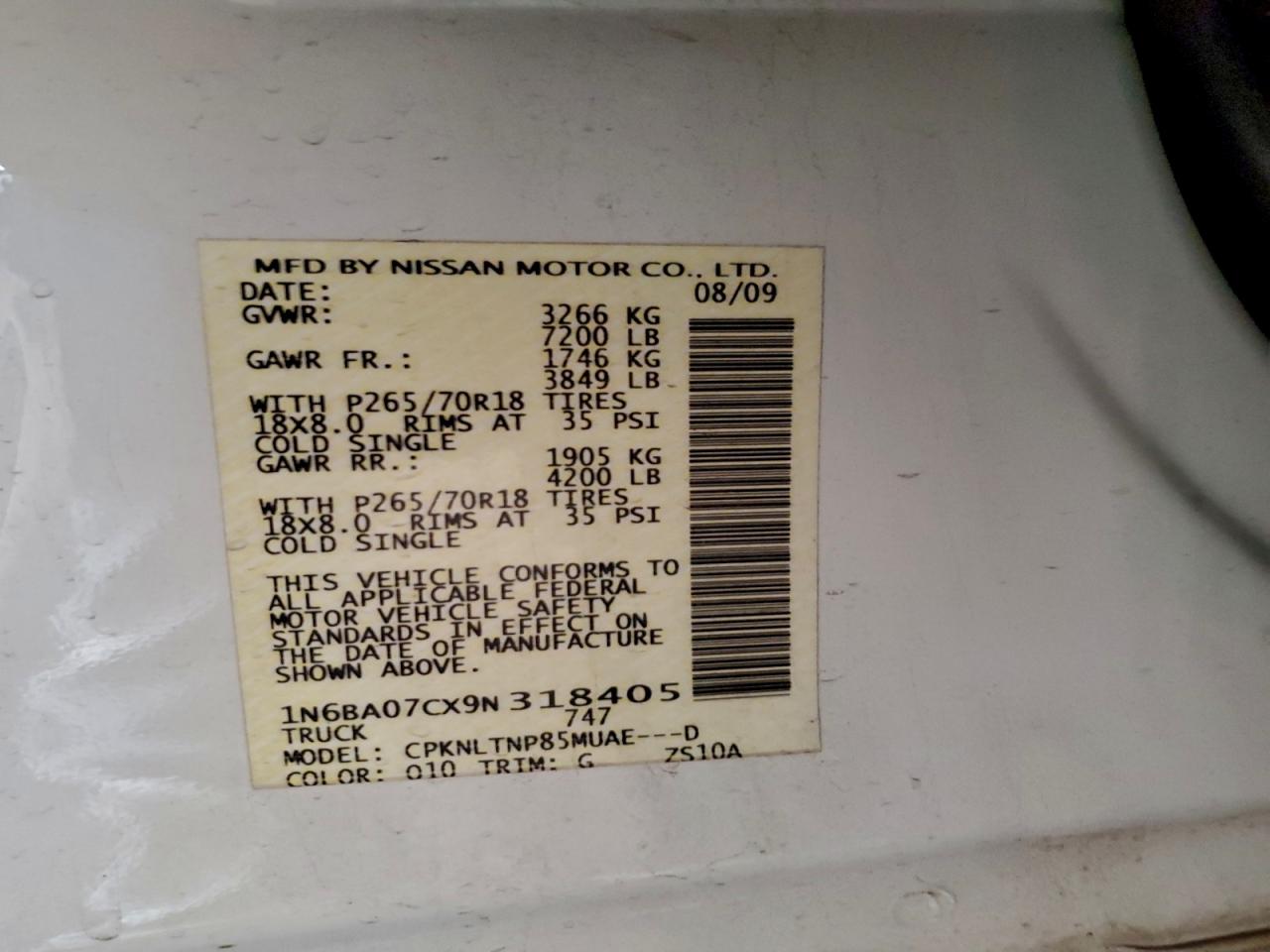 2009 Nissan Titan Xe VIN: 1N6BA07CX9N318405 Lot: 93882835