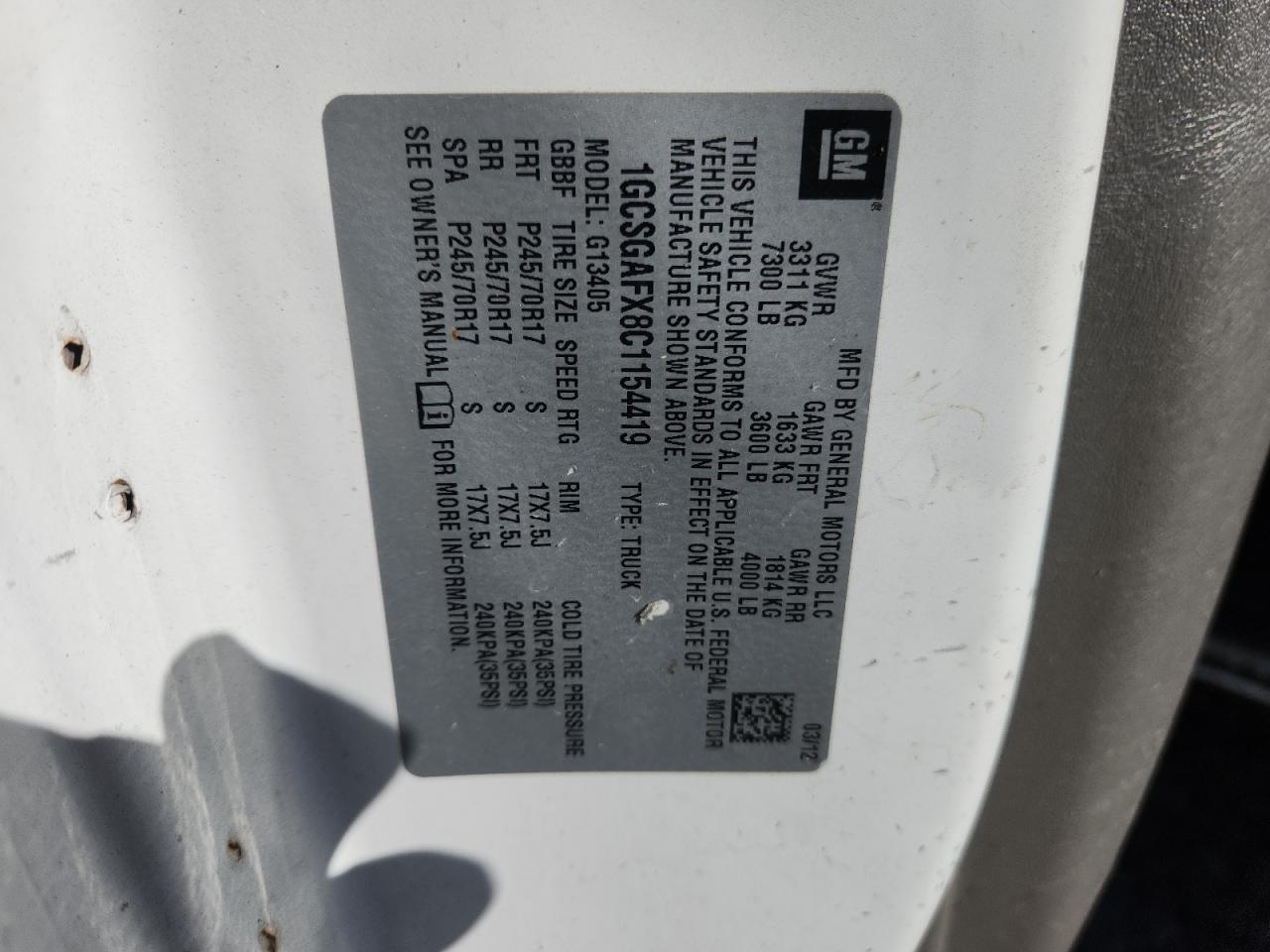 2012 Chevrolet Express G1500 VIN: 1GCSGAFX8C1154419 Lot: 91009335