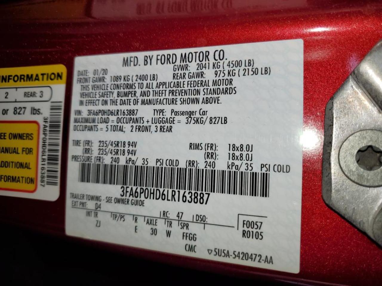 2020 Ford Fusion Se VIN: 3FA6P0HD6LR163887 Lot: 92107785