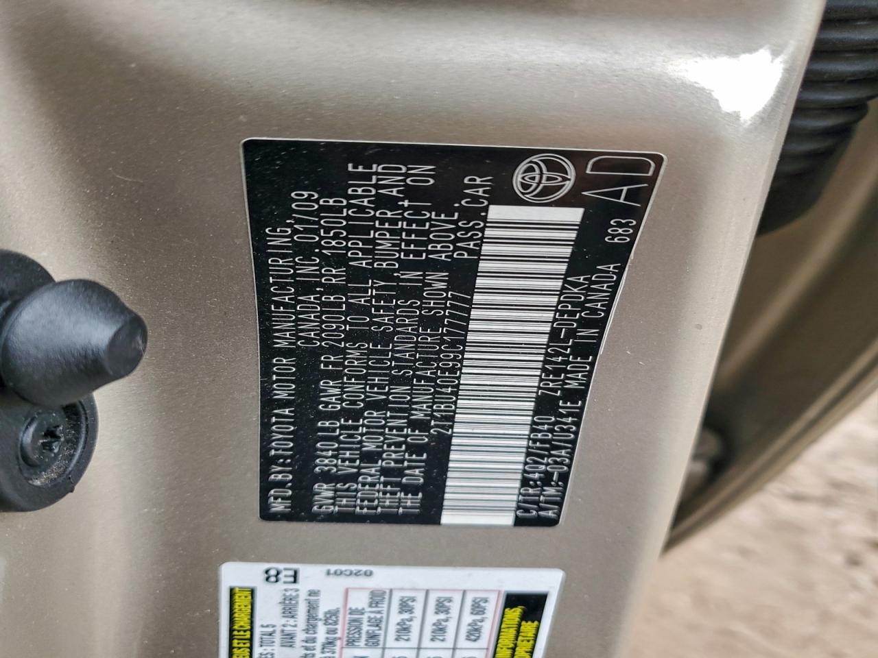 2009 Toyota Corolla Base VIN: 2T1BU40E99C177777 Lot: 93888295