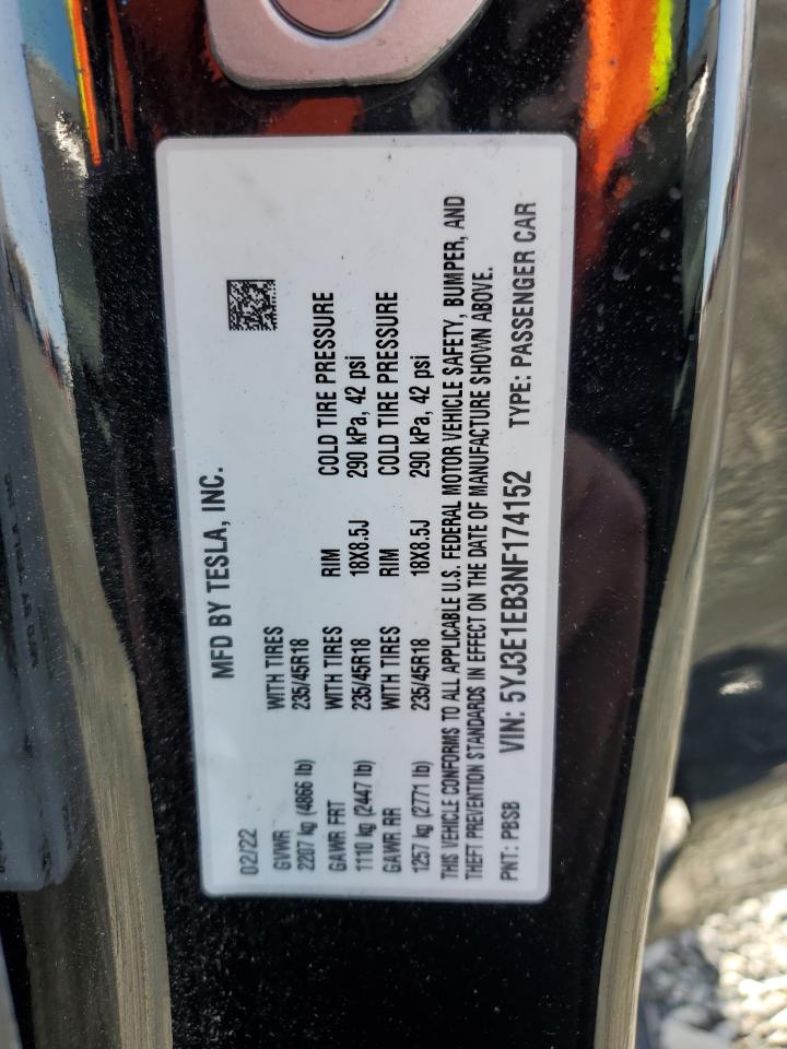 2022 Tesla Model 3 VIN: 5YJ3E1EB3NF174152 Lot: 93731445