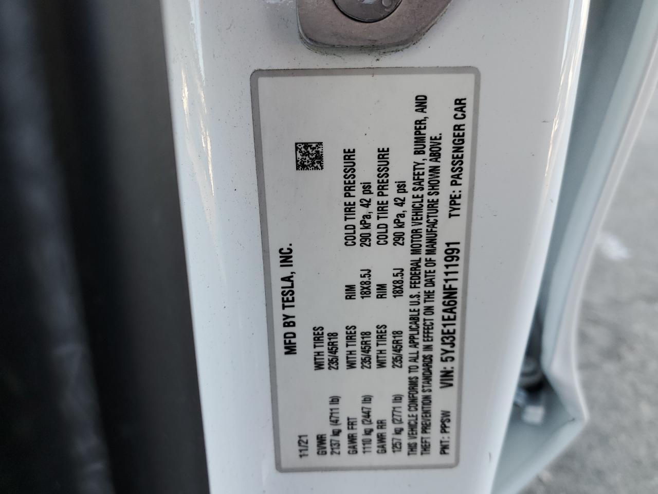 2022 Tesla Model 3 VIN: 5YJ3E1EA6NF111991 Lot: 91251695