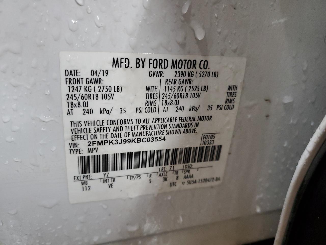 2019 Ford Edge Sel VIN: 2FMPK3J99KBC03554 Lot: 92950495