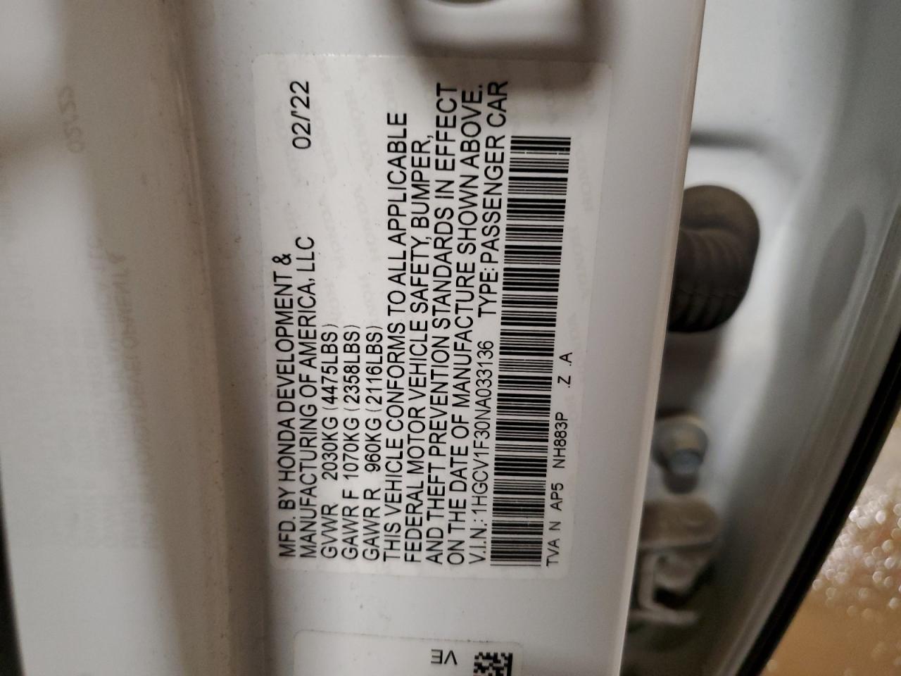 2022 Honda Accord Sport VIN: 1HGCV1F30NA033136 Lot: 91028835