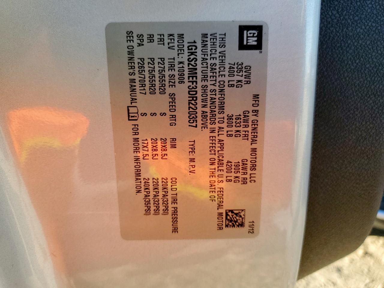 2013 GMC Yukon Xl Denali VIN: 1GKS2MEF3DR220357 Lot: 91898405