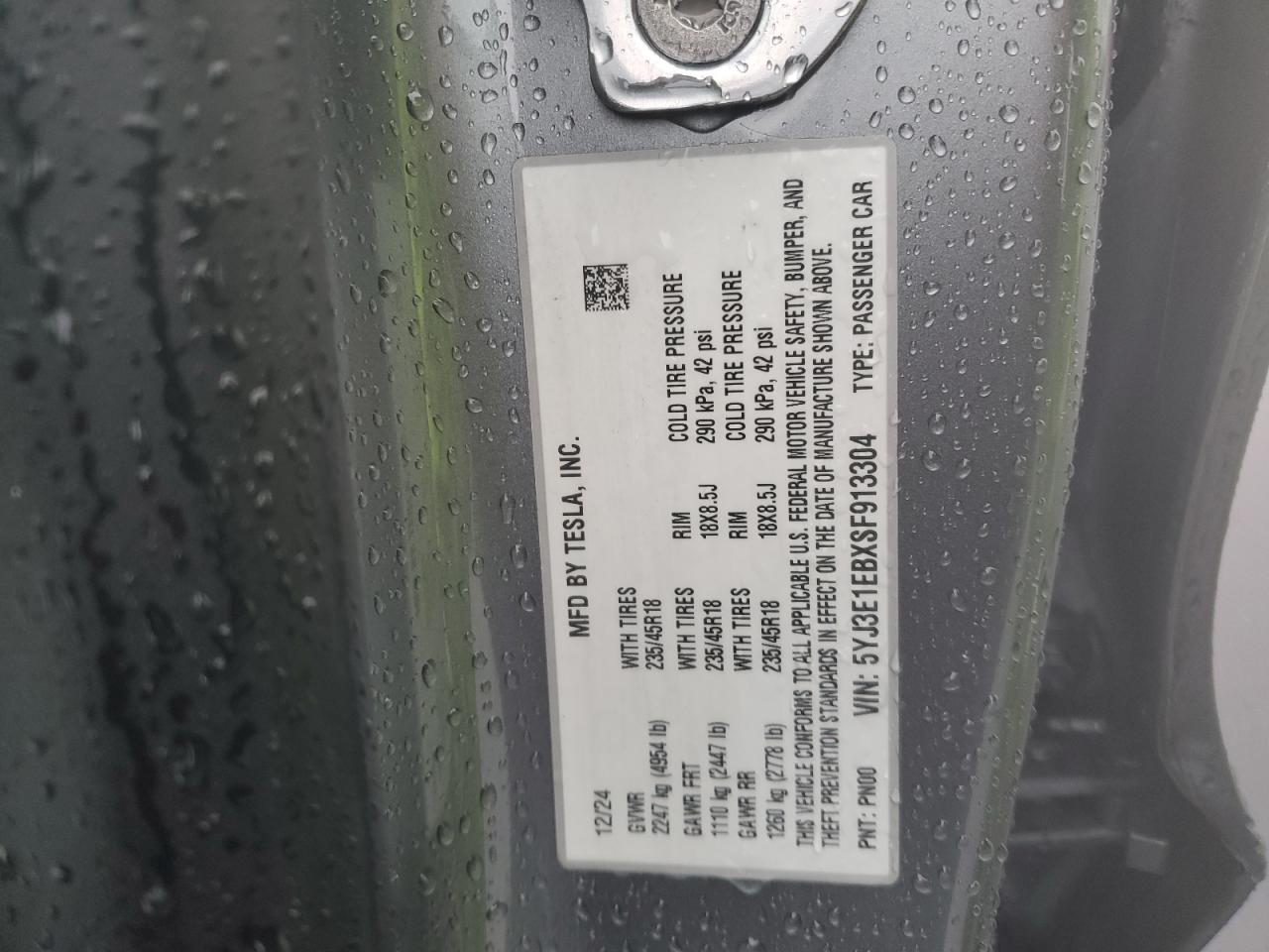 2025 Tesla Model 3 VIN: 5YJ3E1EBXSF913304 Lot: 85433045