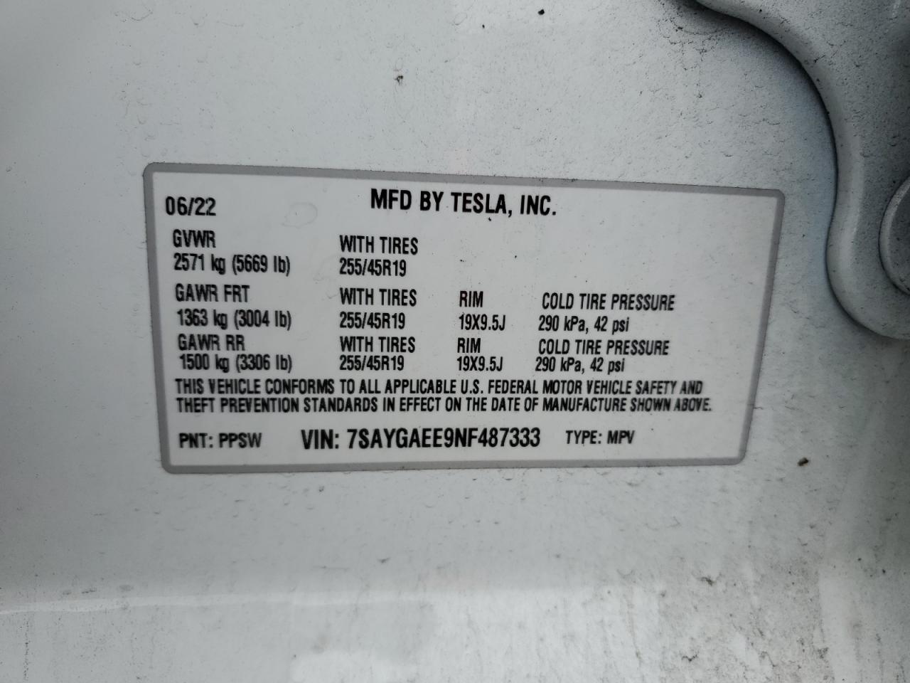 2022 Tesla Model Y VIN: 7SAYGAEE9NF487333 Lot: 90731985