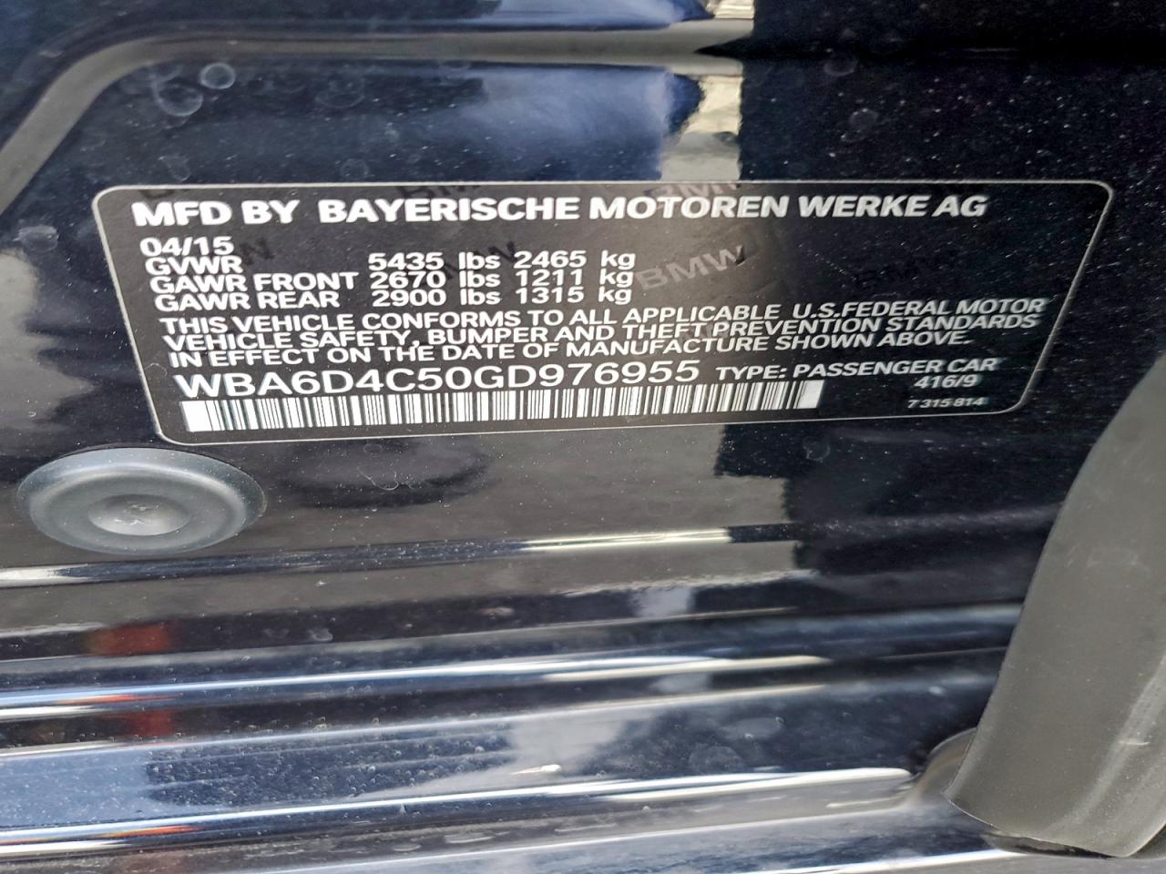 2016 BMW 650 I Gran Coupe VIN: WBA6D4C50GD976955 Lot: 94185285