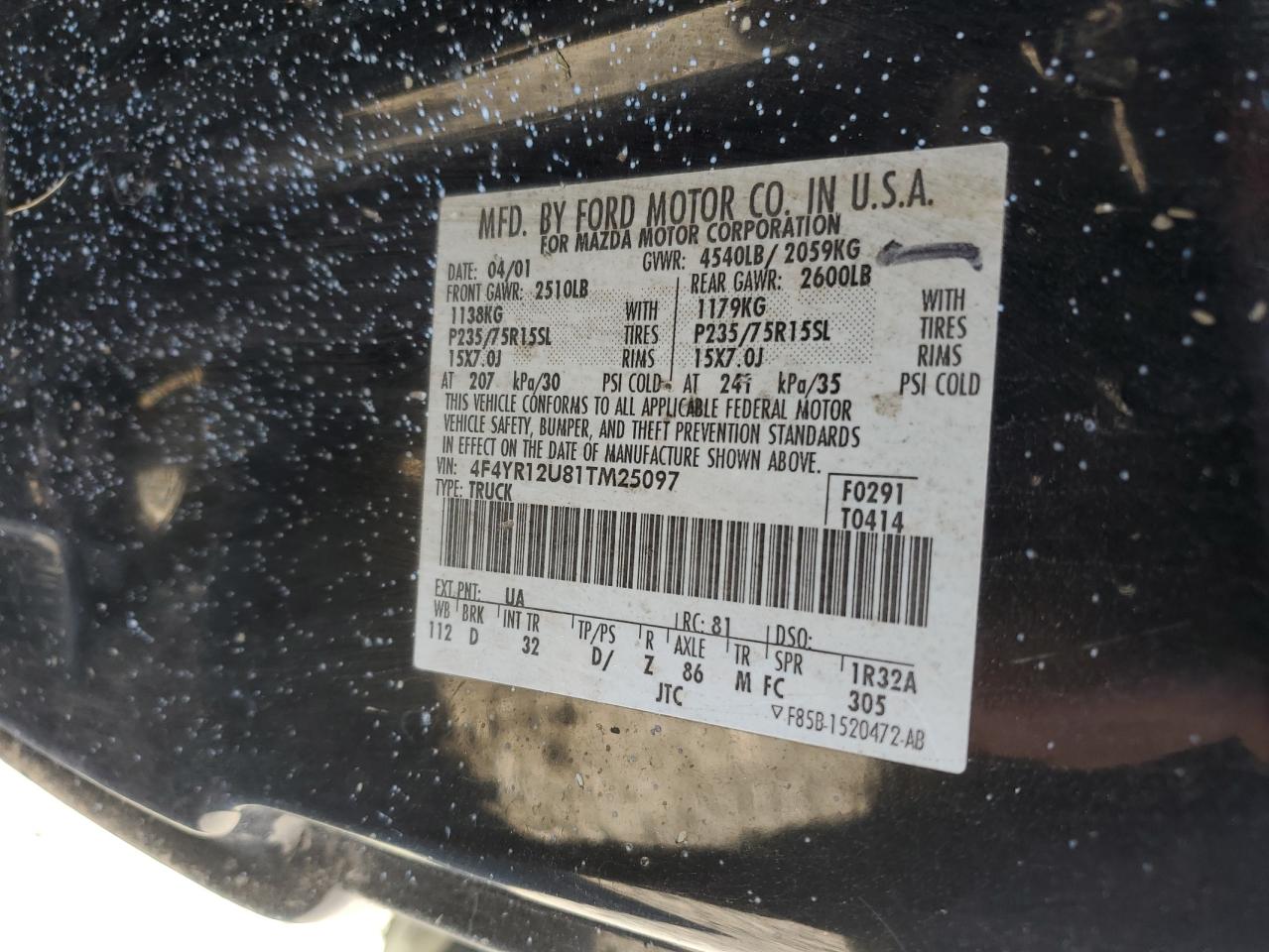 2001 Mazda B3000 VIN: 4F4YR12U81TM25097 Lot: 92082815