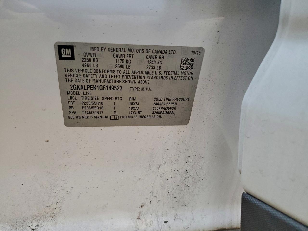 2016 GMC Terrain Slt VIN: 2GKALPEK1G6149523 Lot: 93910445