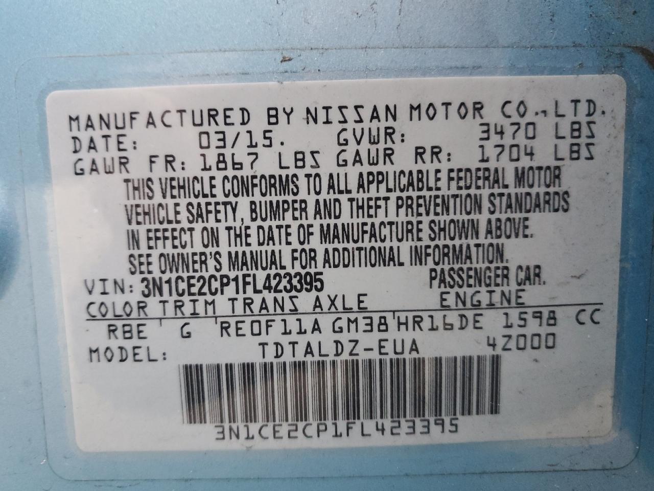 2015 Nissan Versa Note S VIN: 3N1CE2CP1FL423395 Lot: 91126505