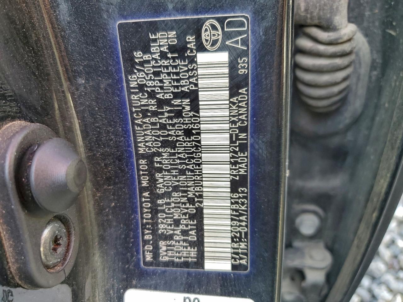 2016 Toyota Corolla L VIN: 2T1BURHE0GC701607 Lot: 94656345