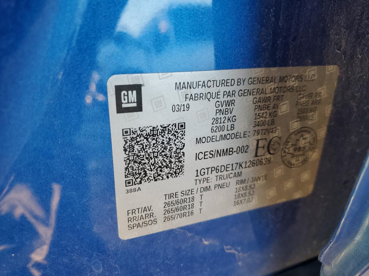 2019 GMC Canyon Slt VIN: 1GTP6DE17K1260639 Lot: 92059795