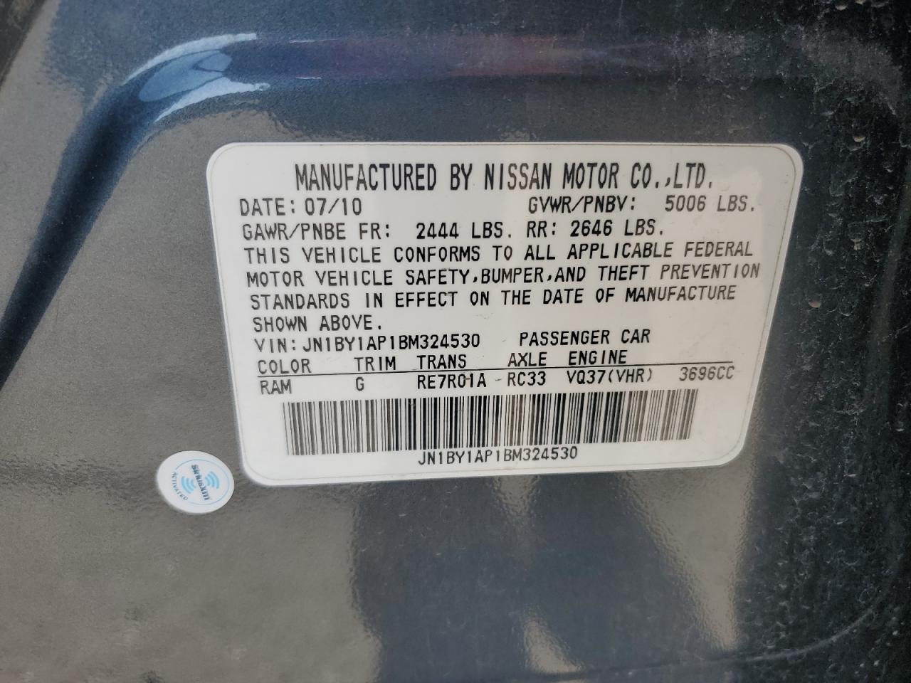 2011 Infiniti M37 VIN: JN1BY1AP1BM324530 Lot: 85421615