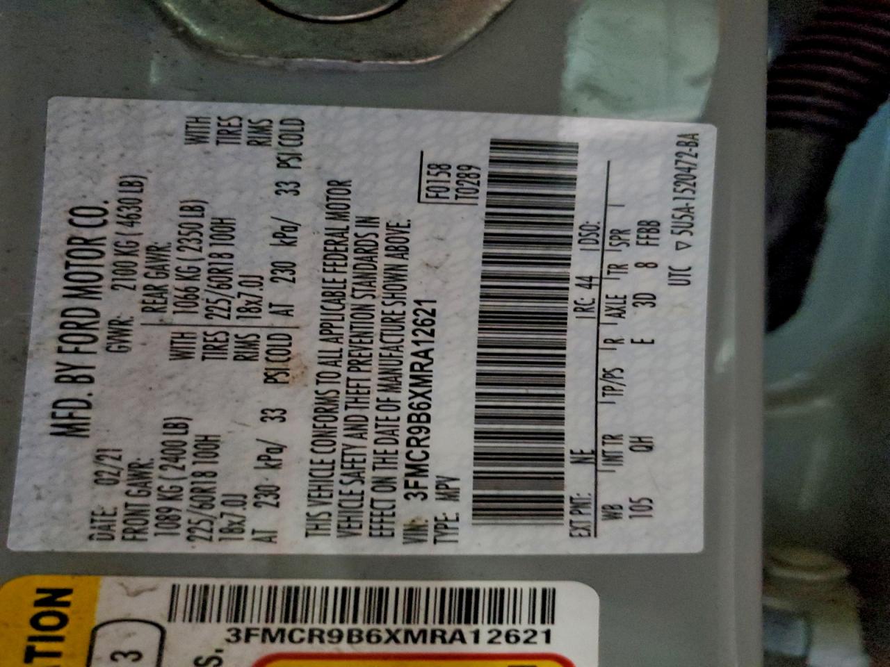 2021 Ford Bronco Sport Big Bend VIN: 3FMCR9B6XMRA12621 Lot: 94024325