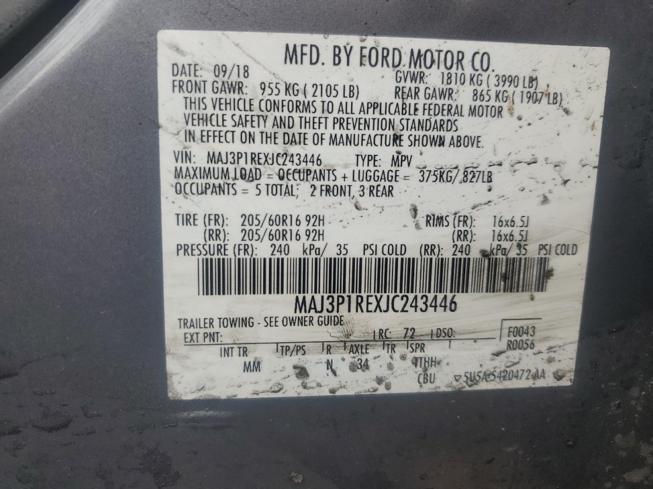 2018 Ford Ecosport S VIN: MAJ3P1REXJC243446 Lot: 93107075