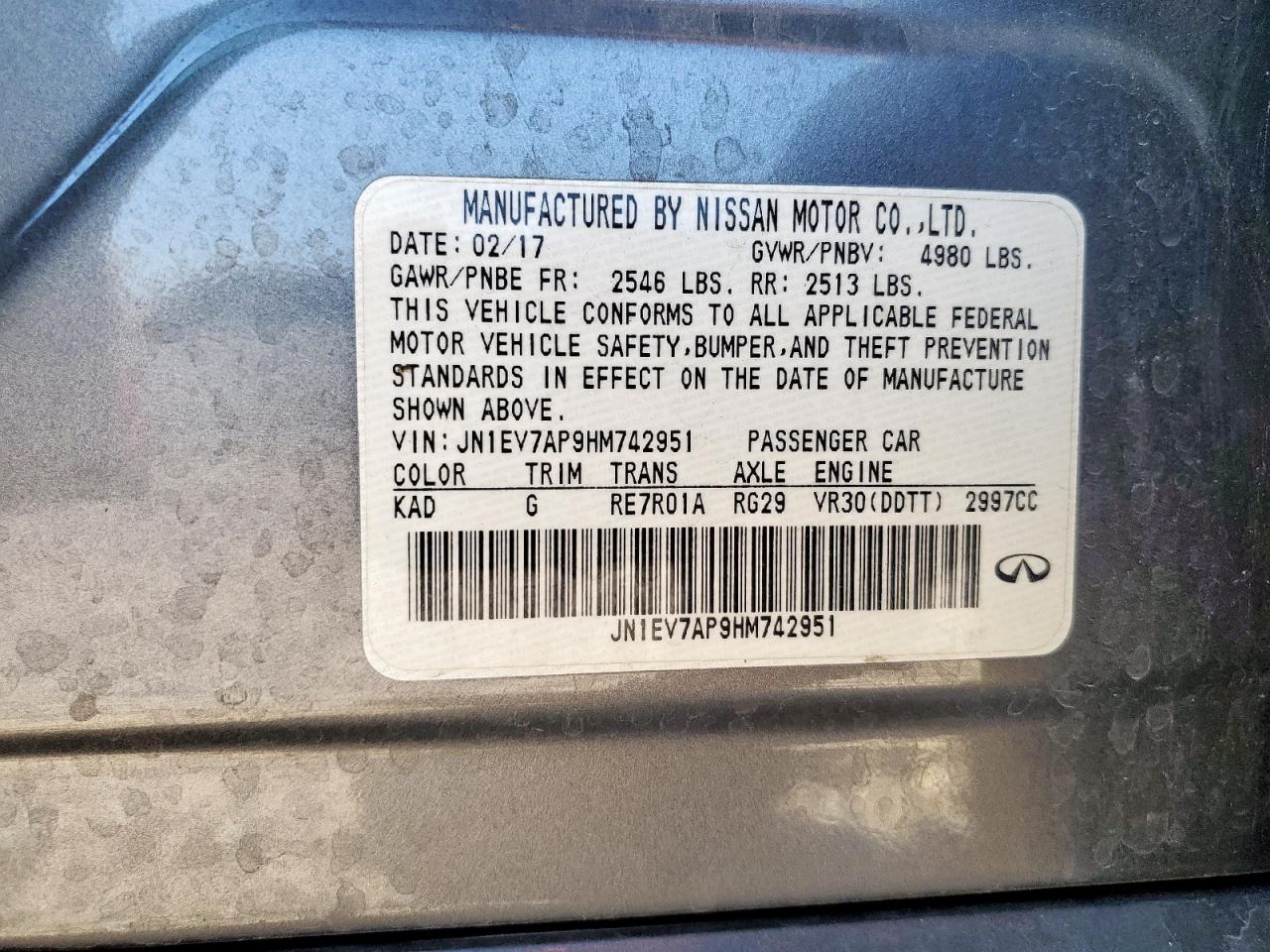 2017 Infiniti Q50 Premium VIN: JN1EV7AP9HM742951 Lot: 92135145