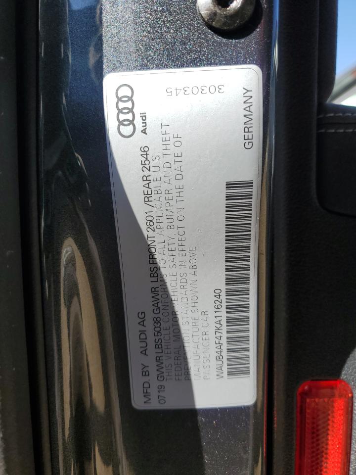 2019 Audi S4 Premium Plus VIN: WAUB4AF47KA116240 Lot: 91360835