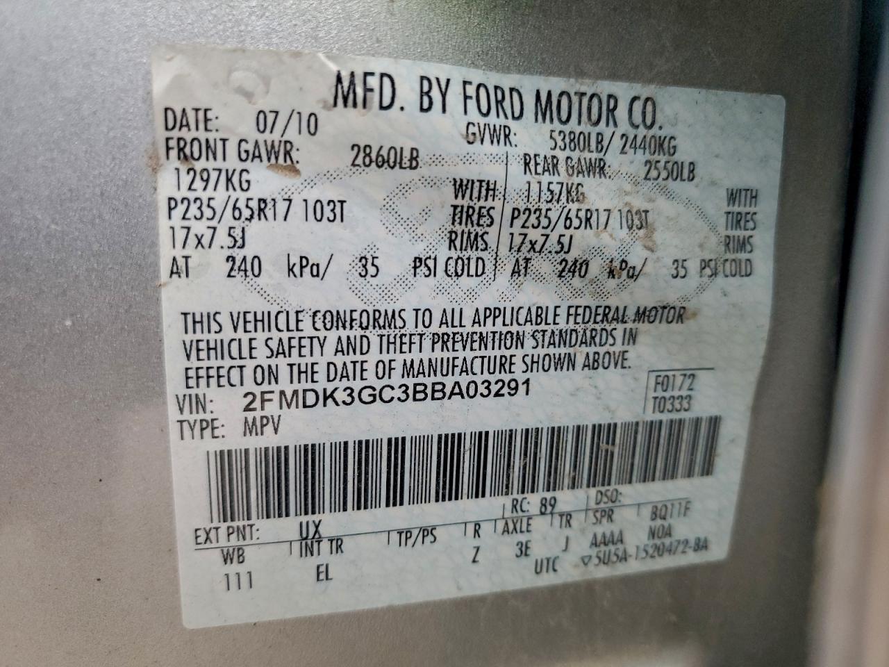 2011 Ford Edge Se VIN: 2FMDK3GC3BBA03291 Lot: 93481695