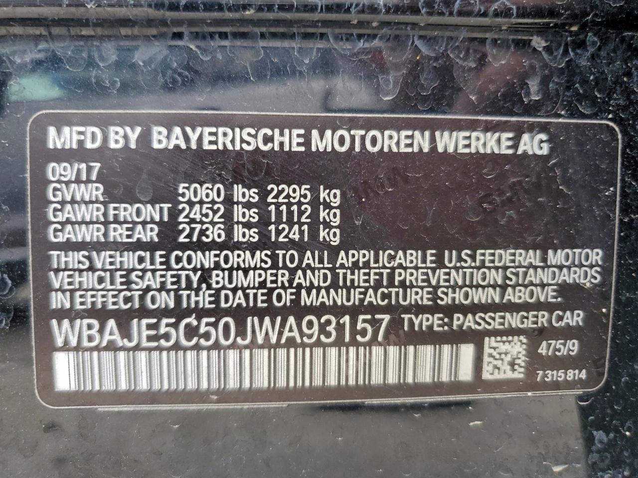 2018 BMW 540 I VIN: WBAJE5C50JWA93157 Lot: 90083975