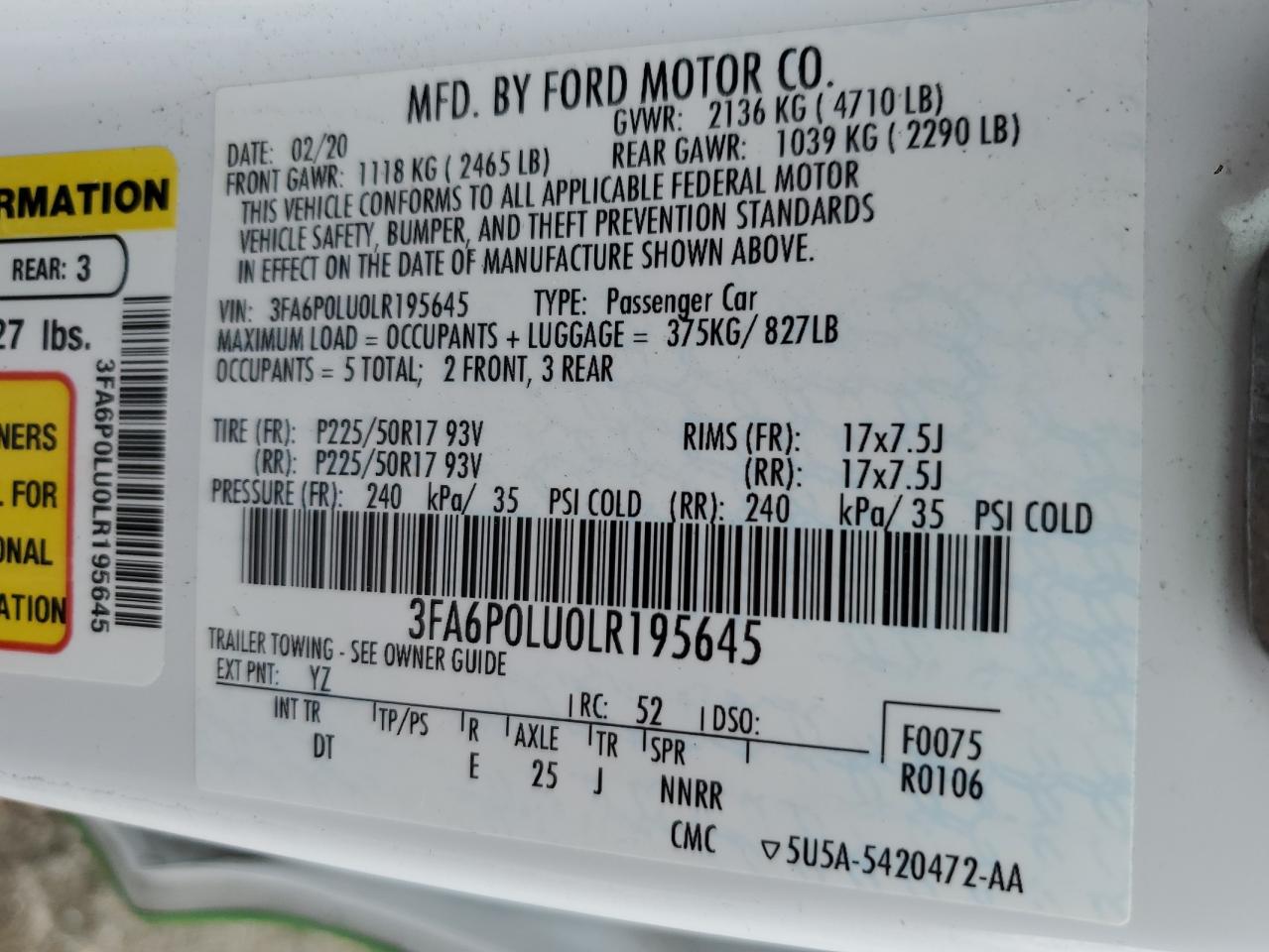 2025 Ford Fusion Se VIN: 3FA6P0LU0LR195645 Lot: 91738315