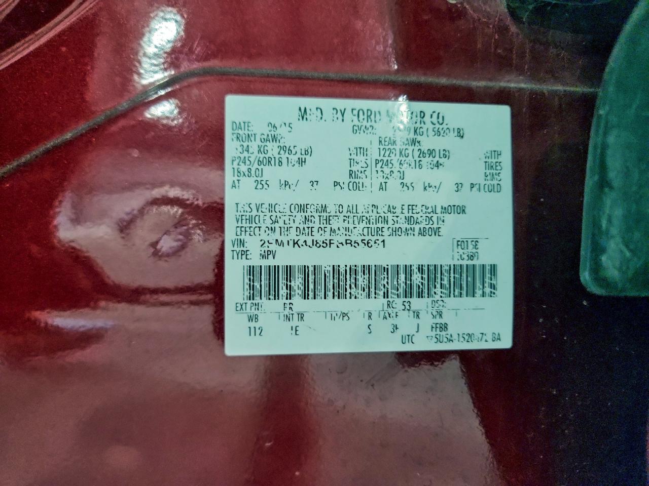 2015 Ford Edge Sel VIN: 2FMTK4J85FBB55651 Lot: 94165535