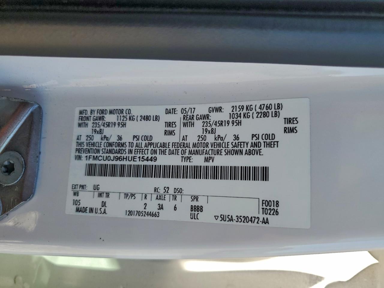 2017 Ford Escape Titanium VIN: 1FMCU0J96HUE15449 Lot: 93512795