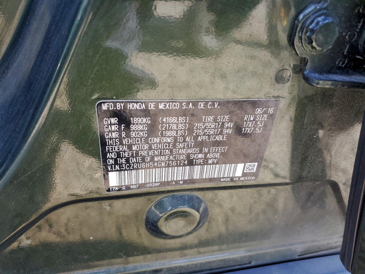 2016 Honda Hr-V Ex VIN: 3CZRU6H54GM756124 Lot: 94599955