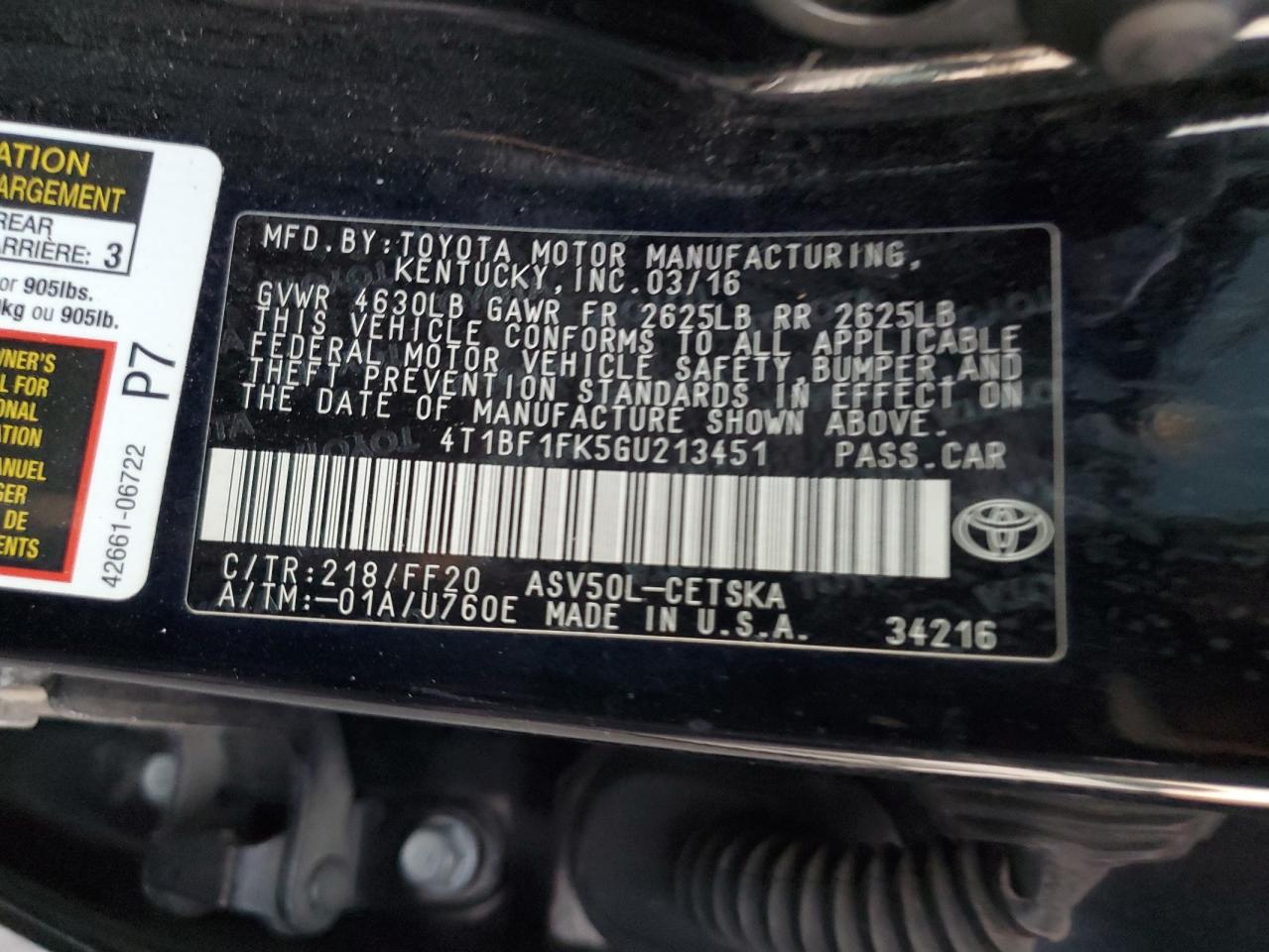 2016 Toyota Camry Le VIN: 4T1BF1FK5GU213451 Lot: 91218475