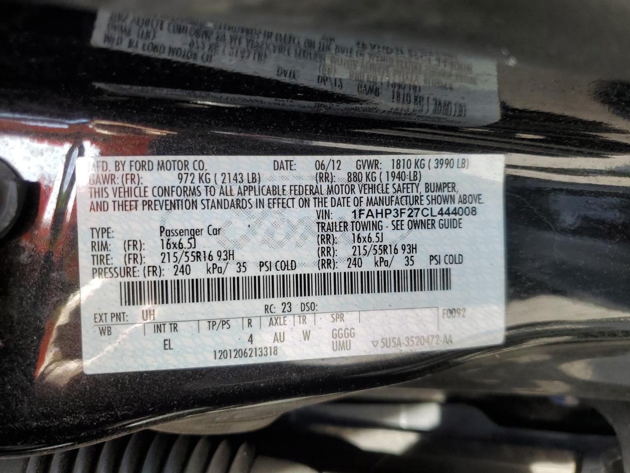 2012 Ford Focus Se VIN: 1FAHP3F27CL444008 Lot: 93463595