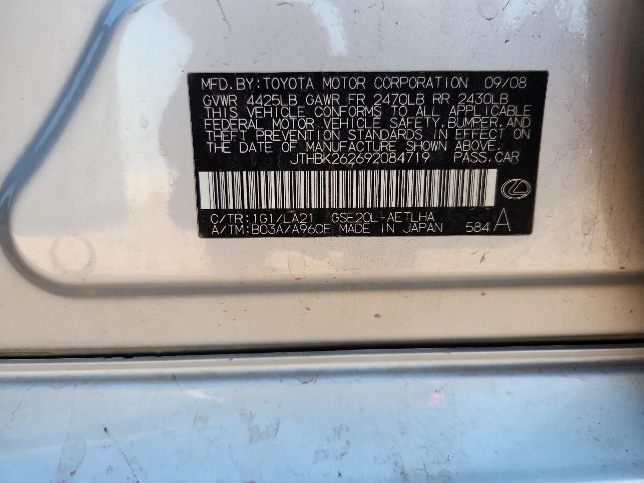 2009 Lexus Is 250 VIN: JTHBK262692084719 Lot: 91312295