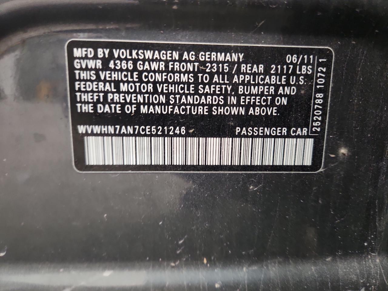 2012 Volkswagen Cc Luxury VIN: WVWHN7AN7CE521246 Lot: 92472495