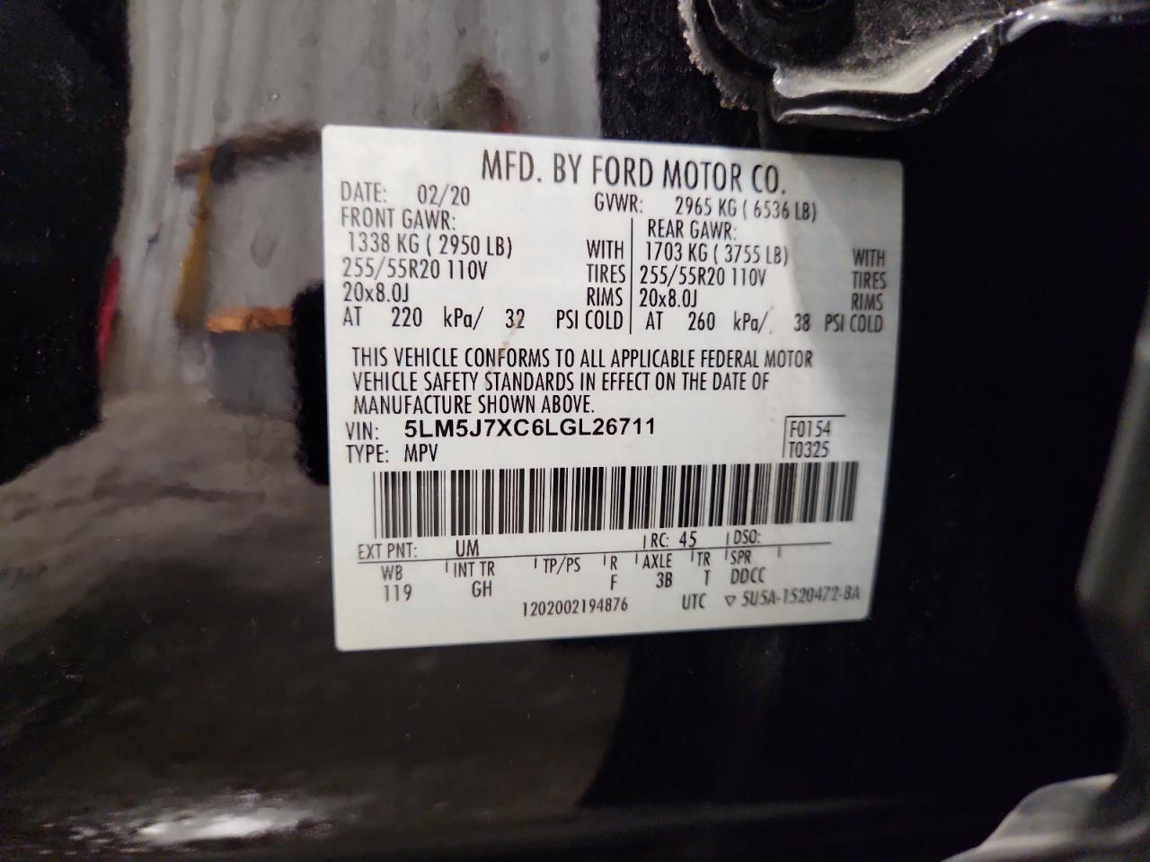 2020 Lincoln Aviator Reserve VIN: 5LM5J7XC6LGL26711 Lot: 91115315