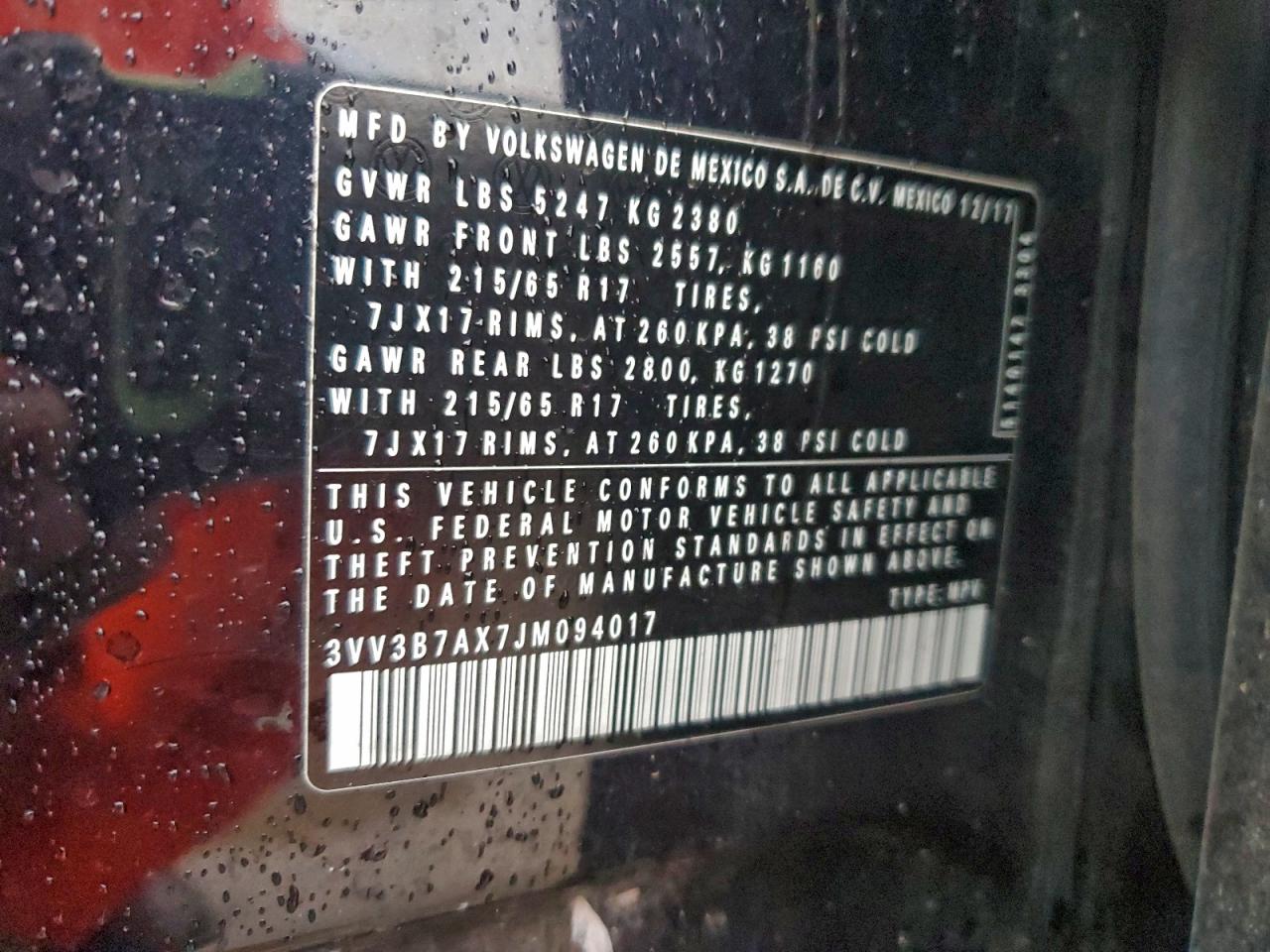 2018 Volkswagen Tiguan Se VIN: 3VV3B7AX7JM094017 Lot: 94121995