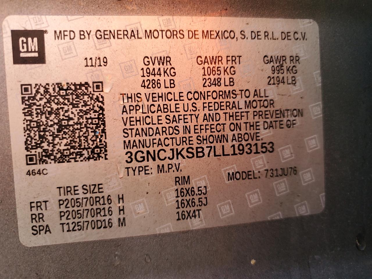 2020 Chevrolet Trax Ls VIN: 3GNCJKSB7LL193153 Lot: 93433415